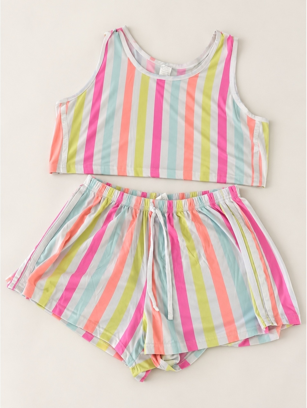 Multicolor Striped Crop Tank & Drawstring Shorts Lounge Set